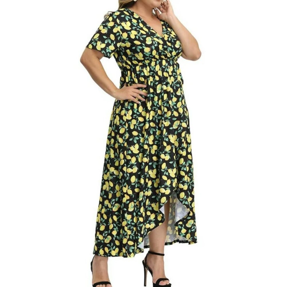 Women’s High-Low Maxi Dress Size 1X Black &‎ Vibrant Yellow Lemons